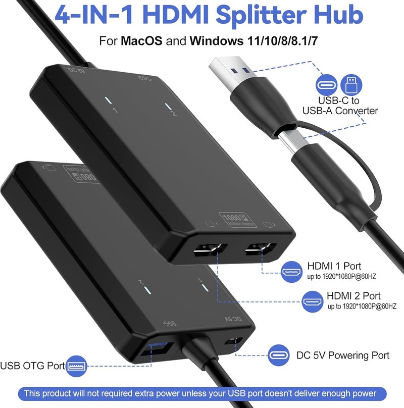 Herfair USB to HDMI Adapter [1080P Full HD] HDMI Splitter for Dual Monitors USB 3.0 to Extended Display Converter 1 in 2 Out Multiple Screen Extender for MacOS/Windows 11/10/8/7 Laptops - Image 3